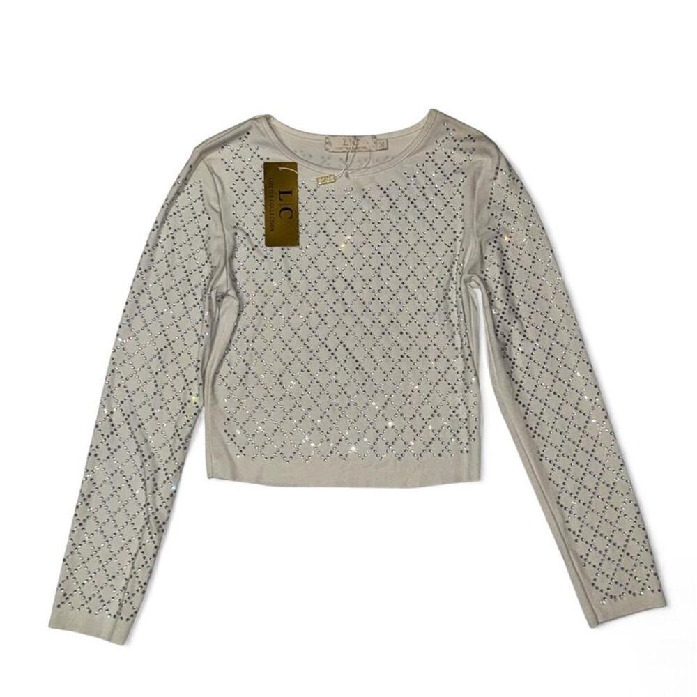 NWT L/C Lizette Collection rhinestone diamond lattice crop top in white Size M